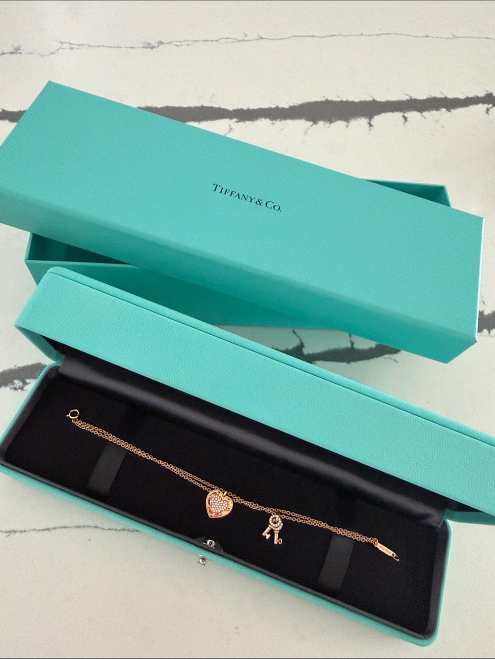 Tiffany & Co. Rose Gold Heart and Key Charm Bracelet with Pavé Heart